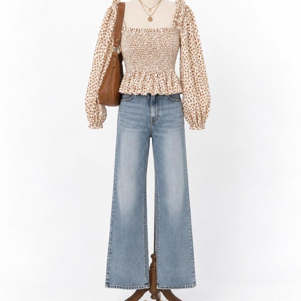 The Drop Smocked Puff Sleeve Top – Cream/Tan Print – Size XS